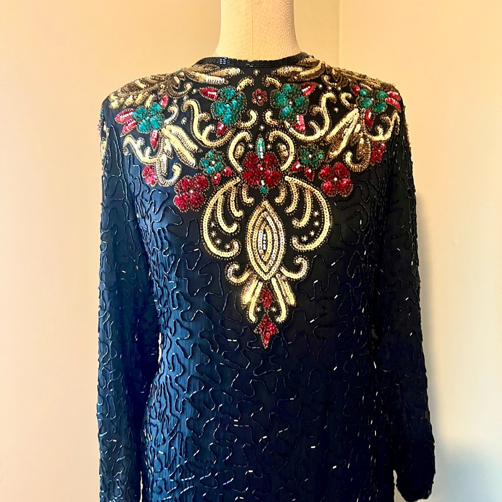 Black Vintage Dynasty La Scala Beaded Silk Gown Prom Special Occasion Size Large